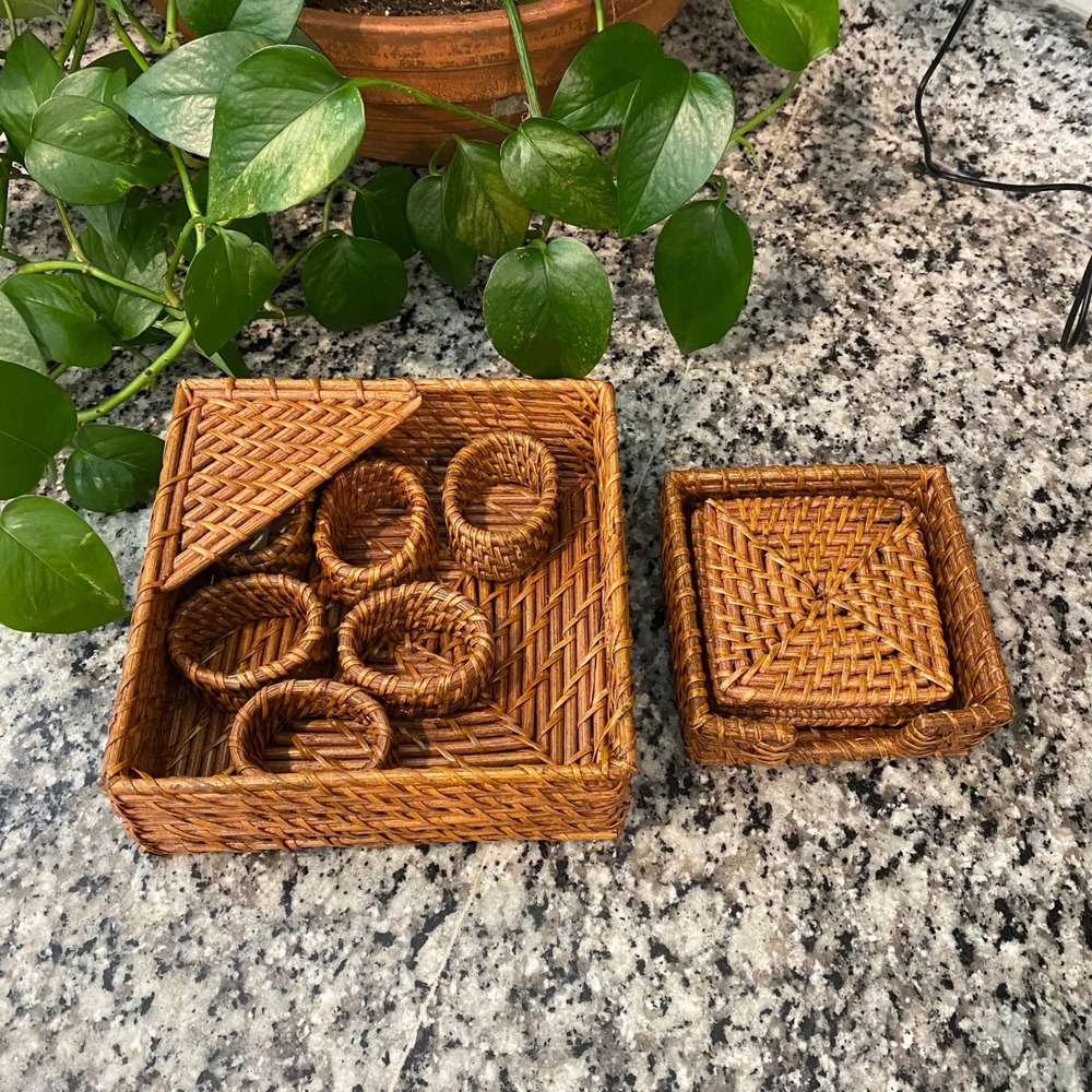 Biltmore Rattan Coasters Napkin Holder and Napkin Rings Set